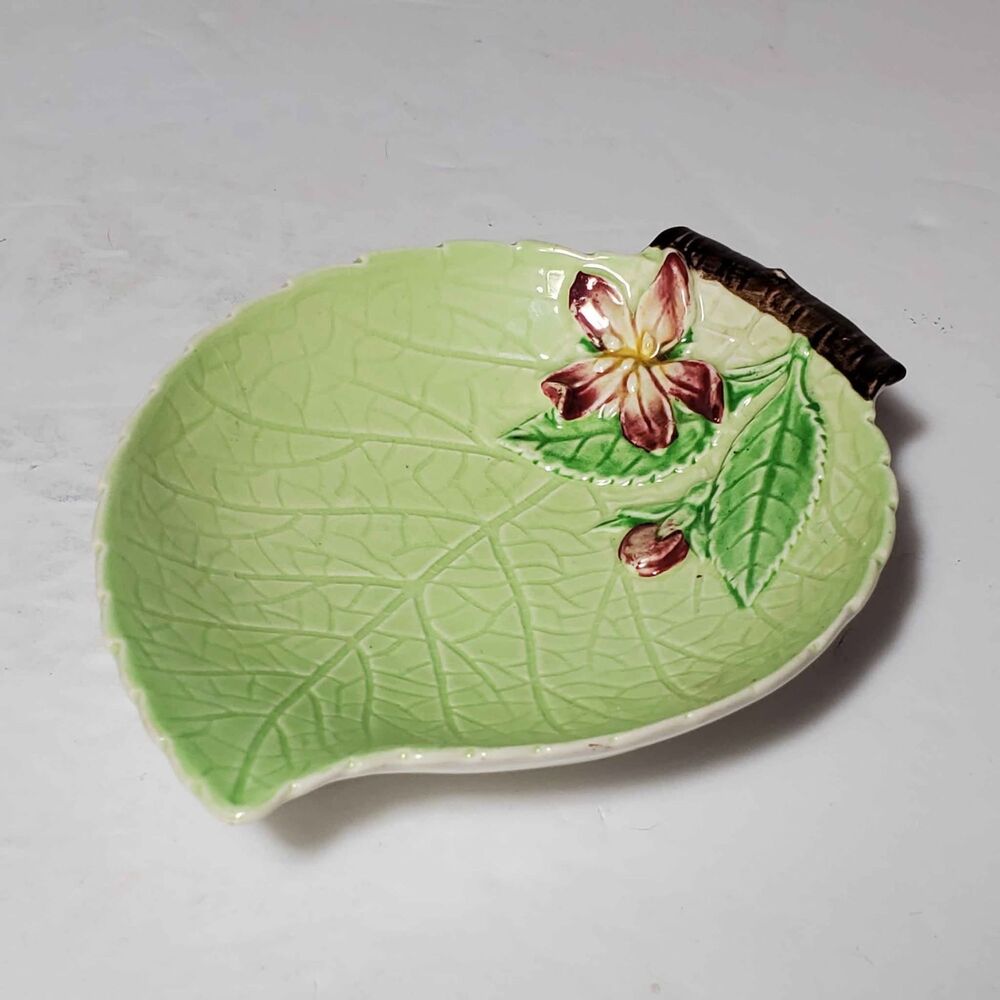 Carlton Ware Small Green Leaf Dish Pink Flower Vintage